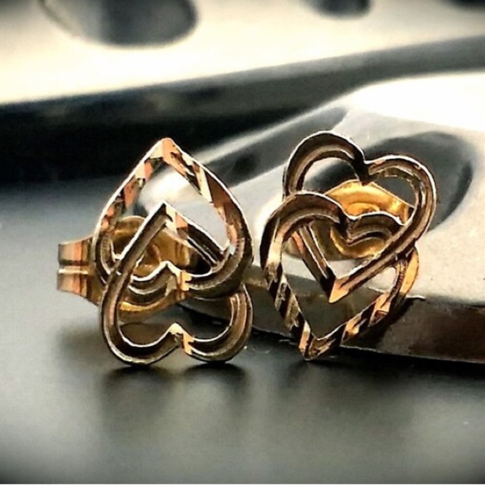 14k solid Gold Double Heart Earrings